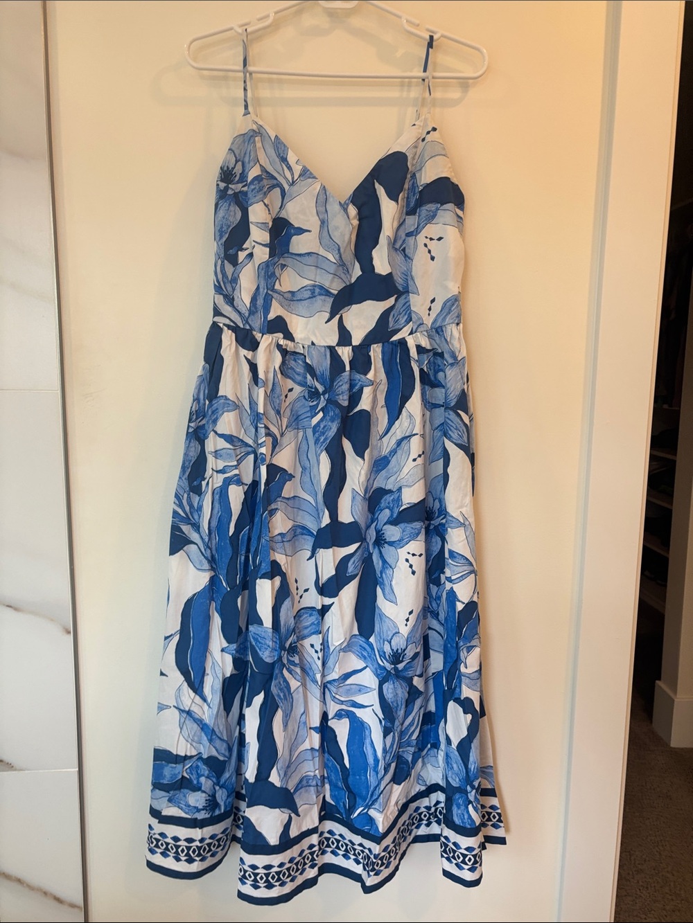 H&M Blue and White Floral Spaghetti-strap Dress